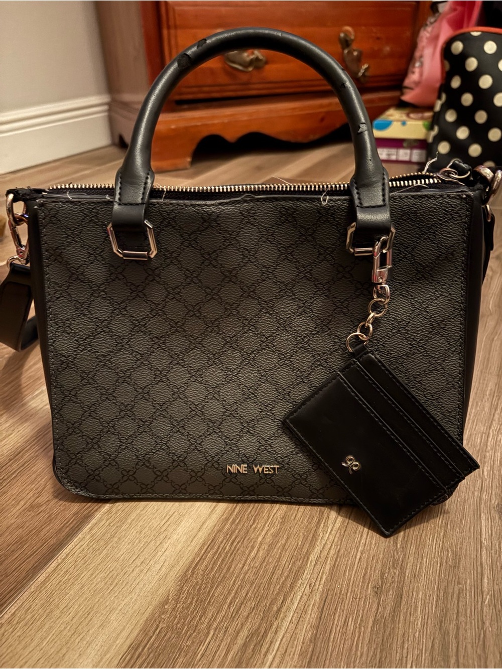 Nine West Black Monogram Satchel with Card Holder Charm